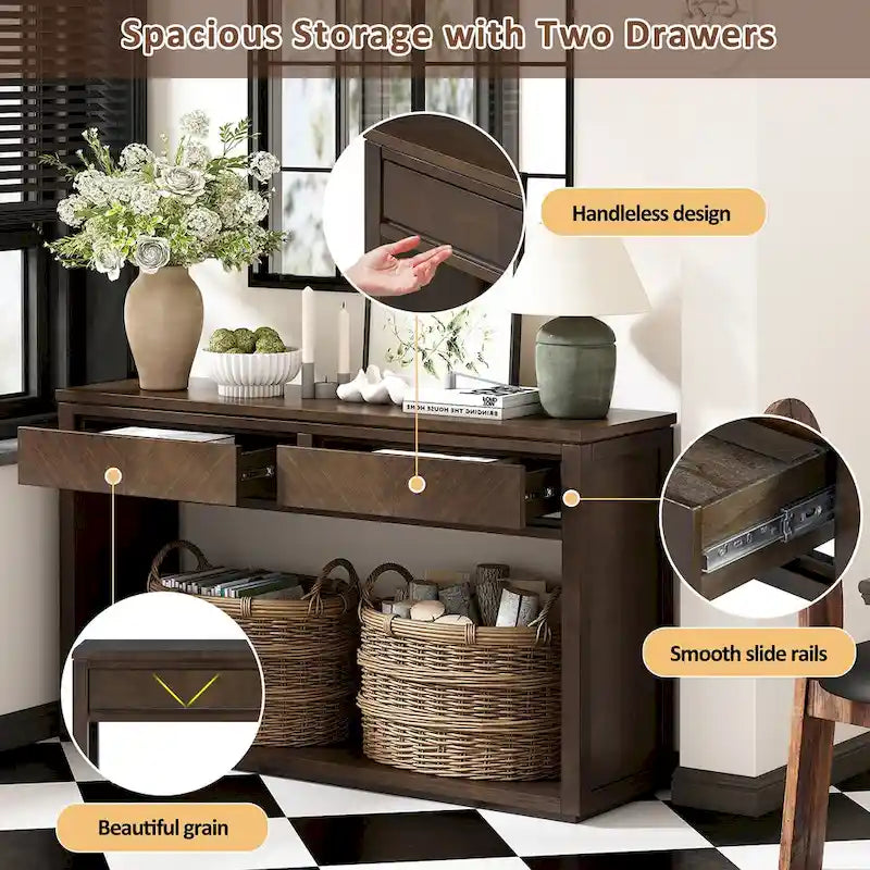 Console avec étagère et 2 tiroirs motif chevron 55 po – Brun / Miel / Naturel / Espresso