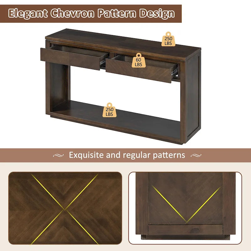 Console avec étagère et 2 tiroirs motif chevron 55 po – Brun / Miel / Naturel / Espresso