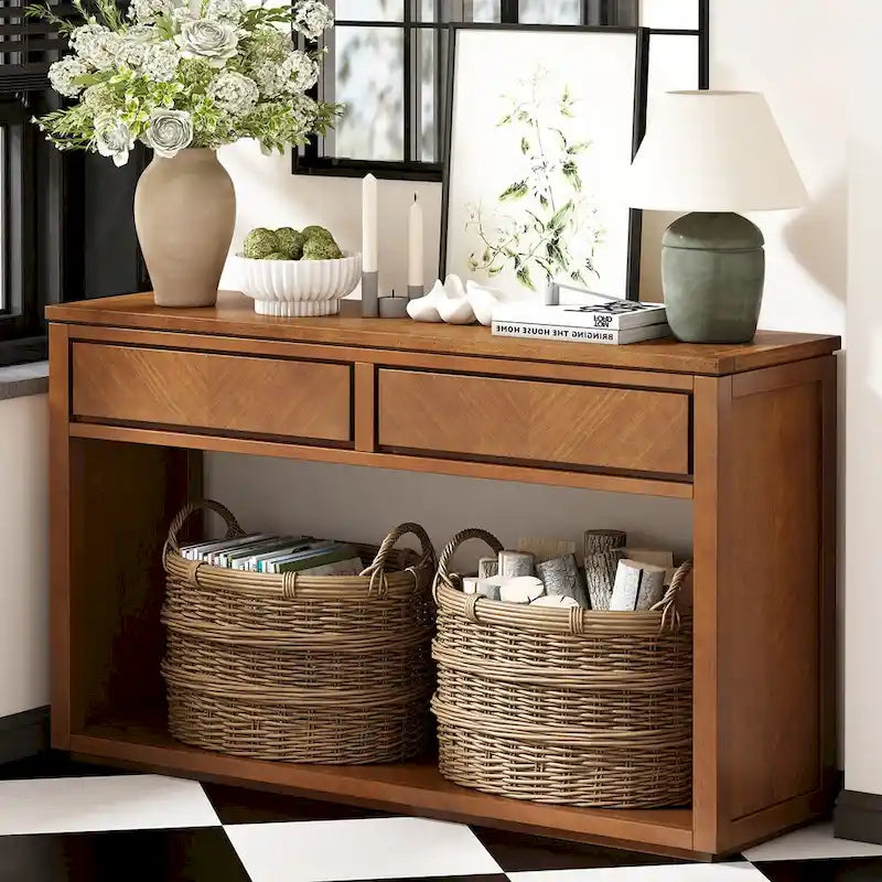 Console avec étagère et 2 tiroirs motif chevron 55 po – Brun / Miel / Naturel / Espresso