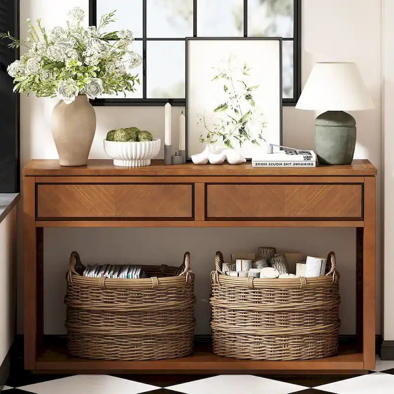 Console avec étagère et 2 tiroirs motif chevron 55 po – Brun / Miel / Naturel / Espresso