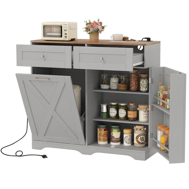 Meuble de poubelle basculante en noyer gris/noir/blanc avec prises, 2 tiroirs et étagère réglable – 1 personne