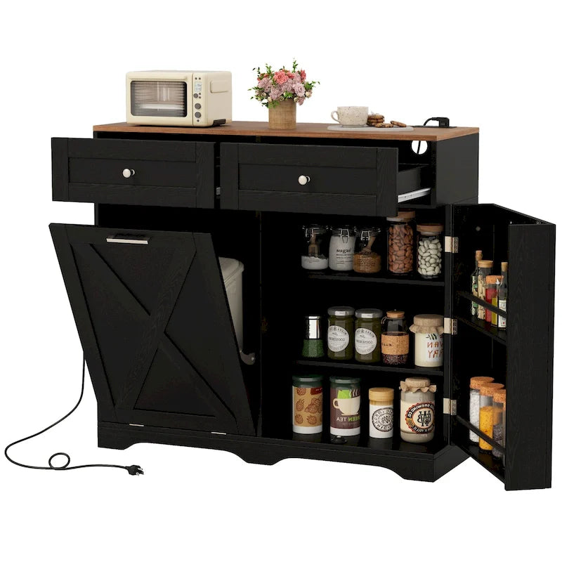 Meuble de poubelle basculante en noyer gris/noir/blanc avec prises, 2 tiroirs et étagère réglable – 1 personne