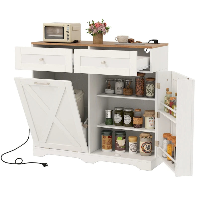 Meuble de poubelle basculante en noyer gris/noir/blanc avec prises, 2 tiroirs et étagère réglable – 1 personne