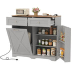 Meuble de poubelle basculante en noyer gris/noir/blanc avec prises, 2 tiroirs et étagère réglable – 1 personne