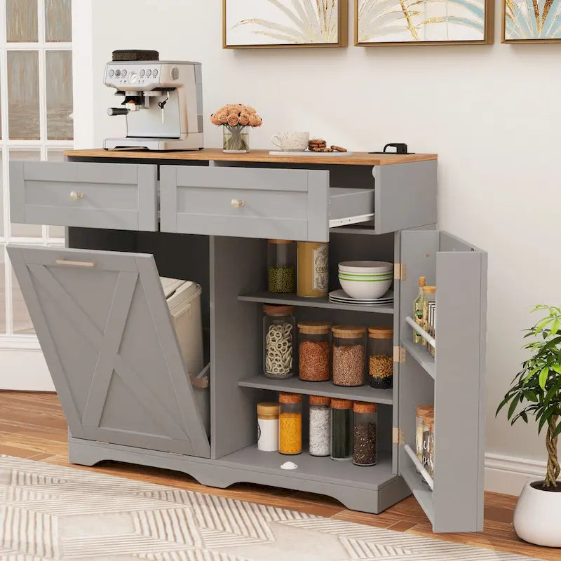 Meuble de poubelle basculante en noyer gris/noir/blanc avec prises, 2 tiroirs et étagère réglable – 1 personne