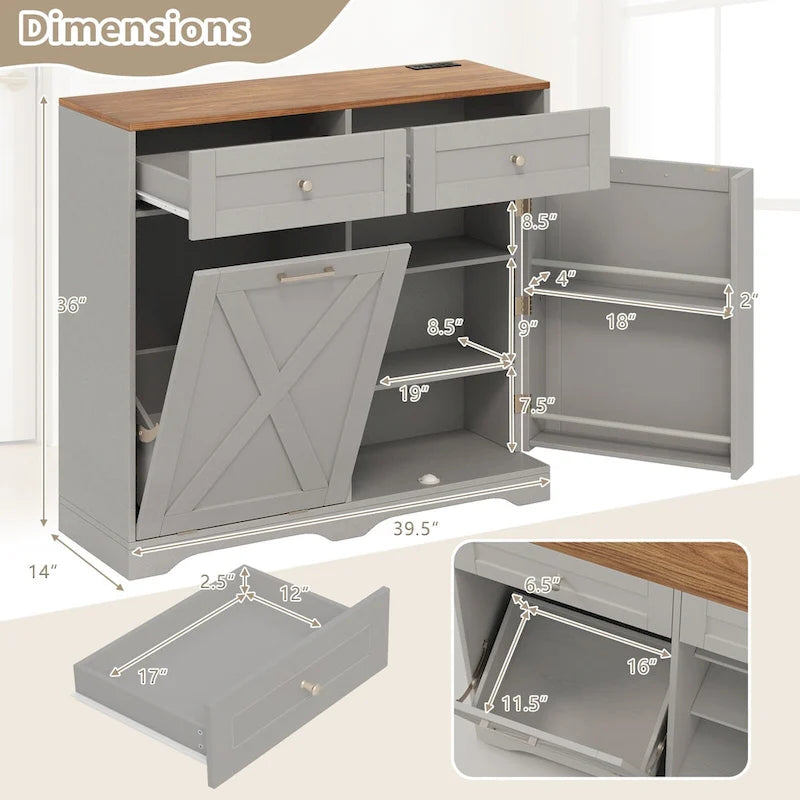 Meuble de poubelle basculante en noyer gris/noir/blanc avec prises, 2 tiroirs et étagère réglable – 1 personne
