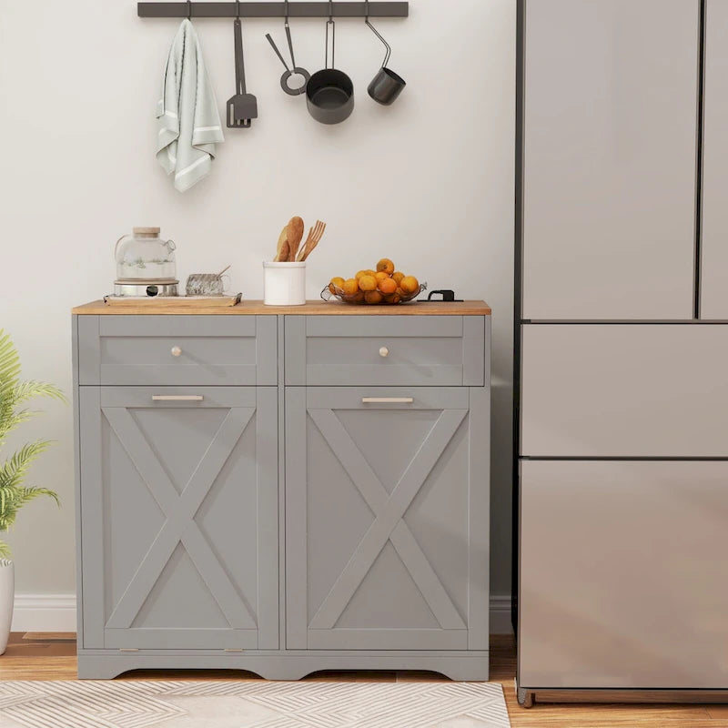 Meuble de poubelle basculante en noyer gris/noir/blanc avec prises, 2 tiroirs et étagère réglable – 1 personne