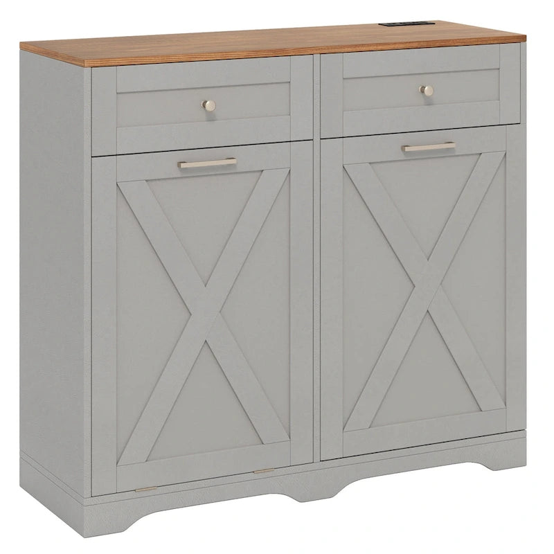 Meuble de poubelle basculante en noyer gris/noir/blanc avec prises, 2 tiroirs et étagère réglable – 1 personne