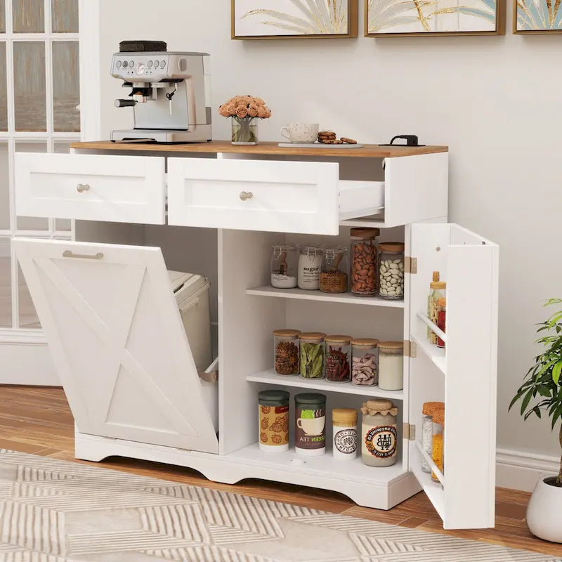 Meuble de poubelle basculante en noyer gris/noir/blanc avec prises, 2 tiroirs et étagère réglable – 1 personne
