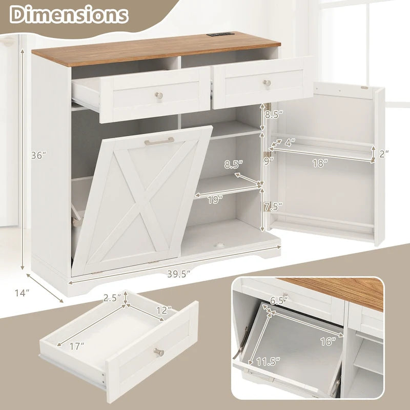 Meuble de poubelle basculante en noyer gris/noir/blanc avec prises, 2 tiroirs et étagère réglable – 1 personne