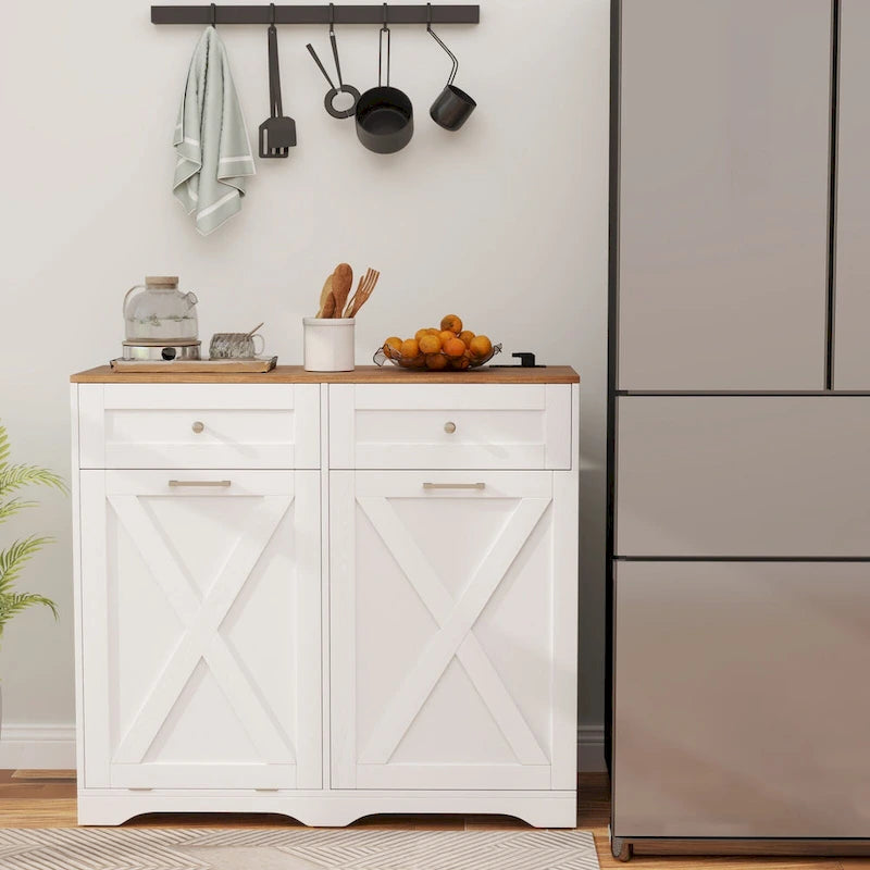 Meuble de poubelle basculante en noyer gris/noir/blanc avec prises, 2 tiroirs et étagère réglable – 1 personne