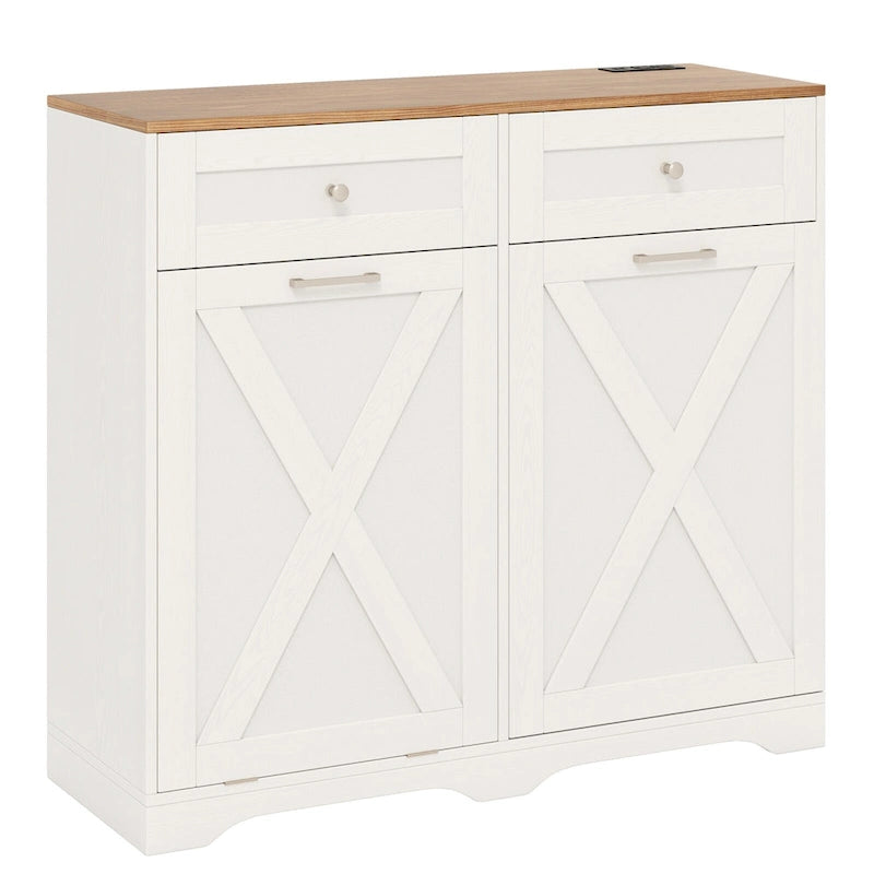 Meuble de poubelle basculante en noyer gris/noir/blanc avec prises, 2 tiroirs et étagère réglable – 1 personne