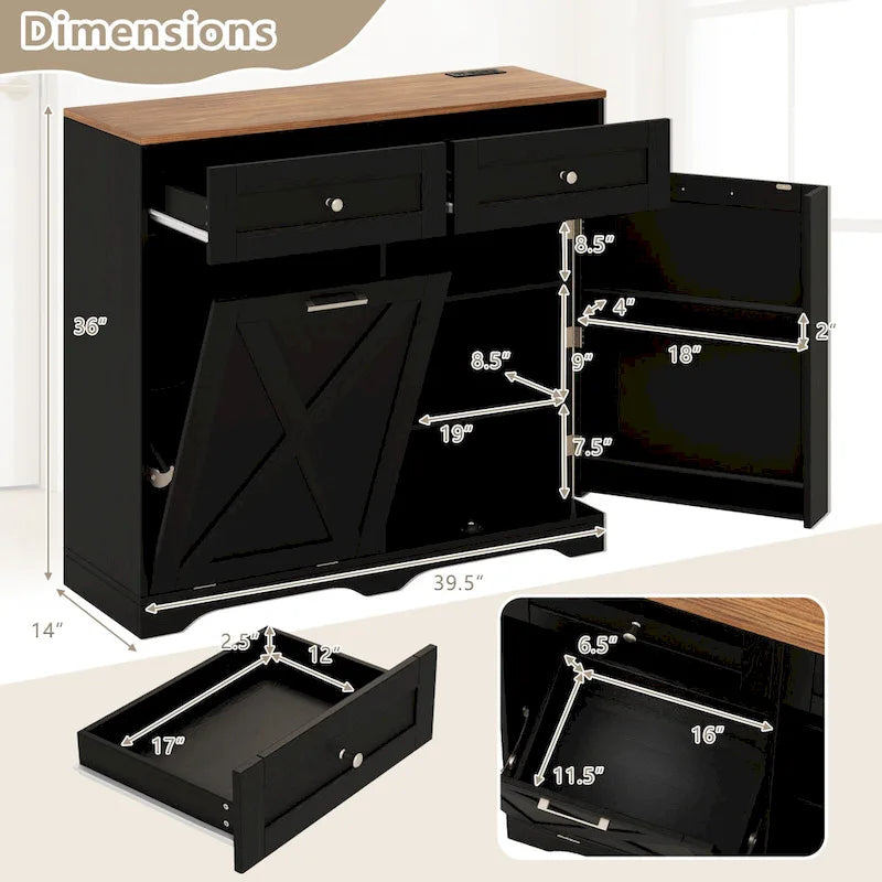 Meuble de poubelle basculante en noyer gris/noir/blanc avec prises, 2 tiroirs et étagère réglable – 1 personne