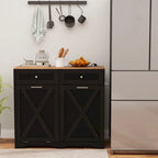 Meuble de poubelle basculante en noyer gris/noir/blanc avec prises, 2 tiroirs et étagère réglable – 1 personne