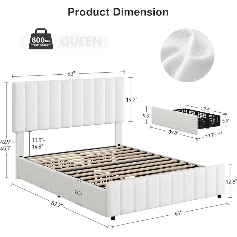 Cadre de lit en similicuir gris/noir/blanc avec 4 tiroirs et tête de lit réglable – Lit double/Queen/King, 1-2 personnes
