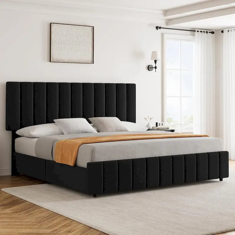 Cadre de lit en similicuir gris/noir/blanc avec 4 tiroirs et tête de lit réglable – Lit double/Queen/King, 1-2 personnes