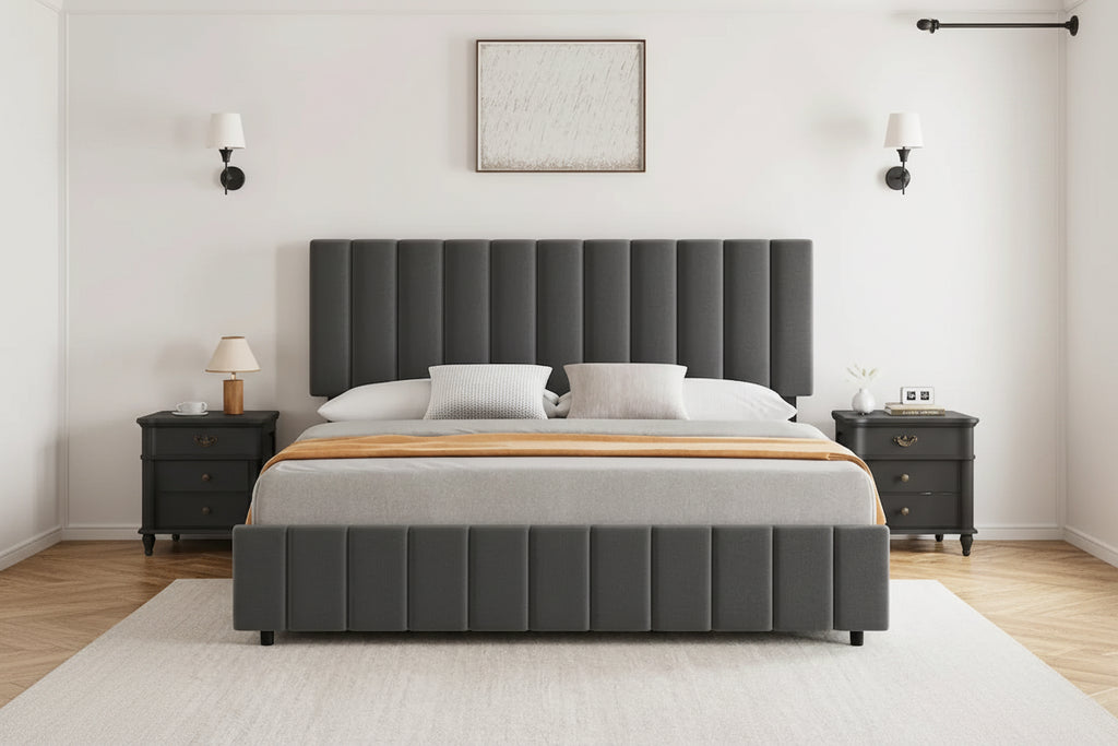 Cadre de lit en similicuir gris/noir/blanc avec 4 tiroirs et tête de lit réglable – Lit double/Queen/King, 1-2 personnes
