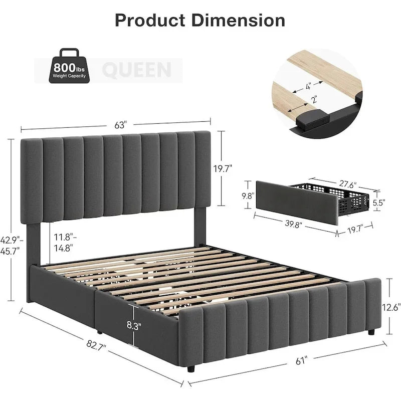 Cadre de lit en similicuir gris/noir/blanc avec 4 tiroirs et tête de lit réglable – Lit double/Queen/King, 1-2 personnes