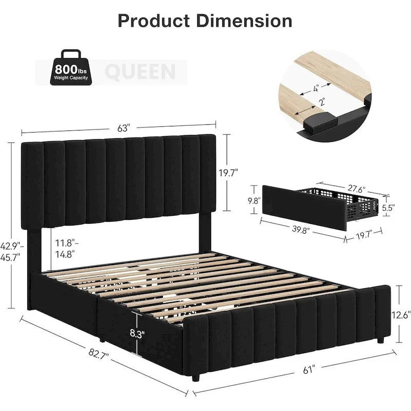Cadre de lit en similicuir gris/noir/blanc avec 4 tiroirs et tête de lit réglable – Lit double/Queen/King, 1-2 personnes