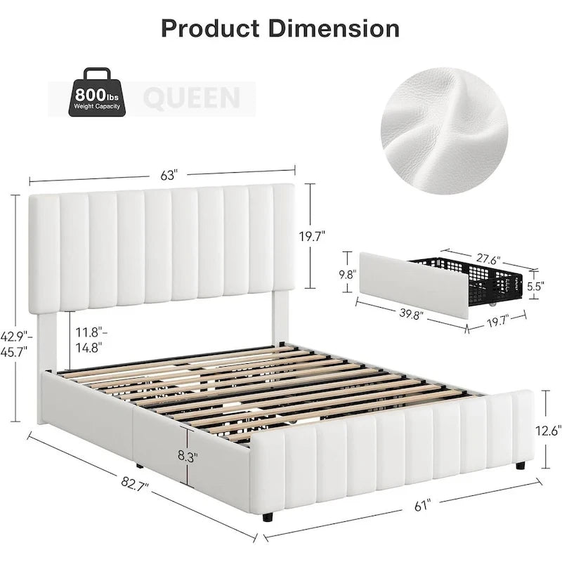 Cadre de lit en similicuir gris/noir/blanc avec 4 tiroirs et tête de lit réglable – Lit double/Queen/King, 1-2 personnes