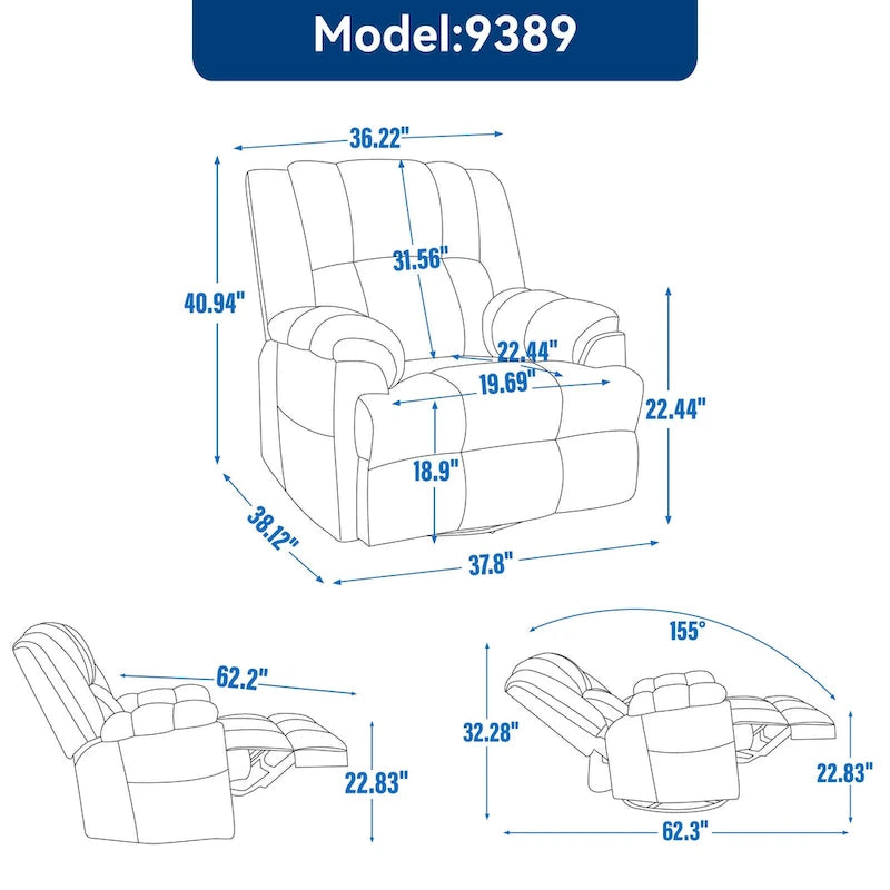 Fauteuil inclinable, pivotant et à bascule en tissu beige / vert / bleu, très grand, 1 place