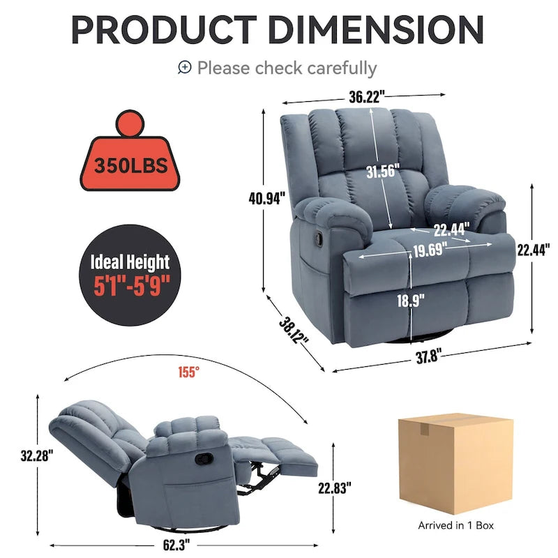 Fauteuil inclinable, pivotant et à bascule en tissu beige / vert / bleu, très grand, 1 place