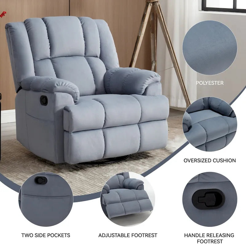 Fauteuil inclinable, pivotant et à bascule en tissu beige / vert / bleu, très grand, 1 place