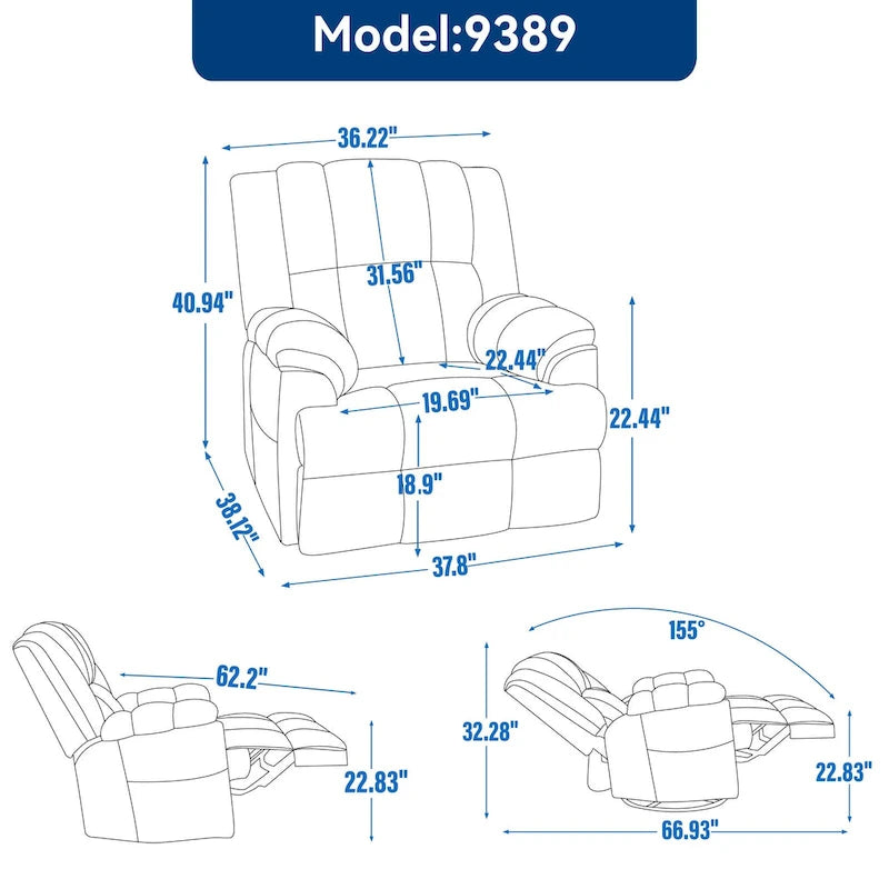 Fauteuil inclinable, pivotant et à bascule en tissu beige / vert / bleu, très grand, 1 place