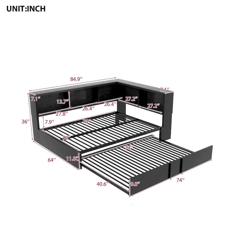 Lit de repos en métal blanc/noir avec lit gigogne – 2 couchages