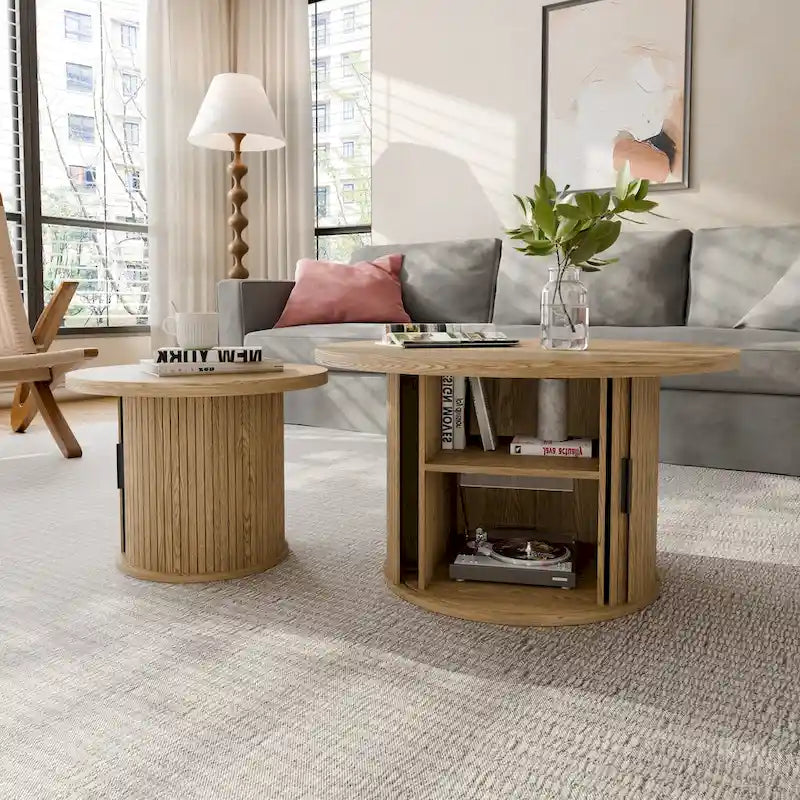 Table basse ronde avec porte tambour noire/marron et rangement caché – À l'unité ou par lot de 2