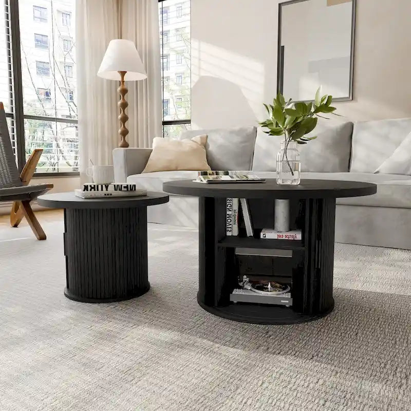 Table basse ronde avec porte tambour noire/marron et rangement caché – À l'unité ou par lot de 2