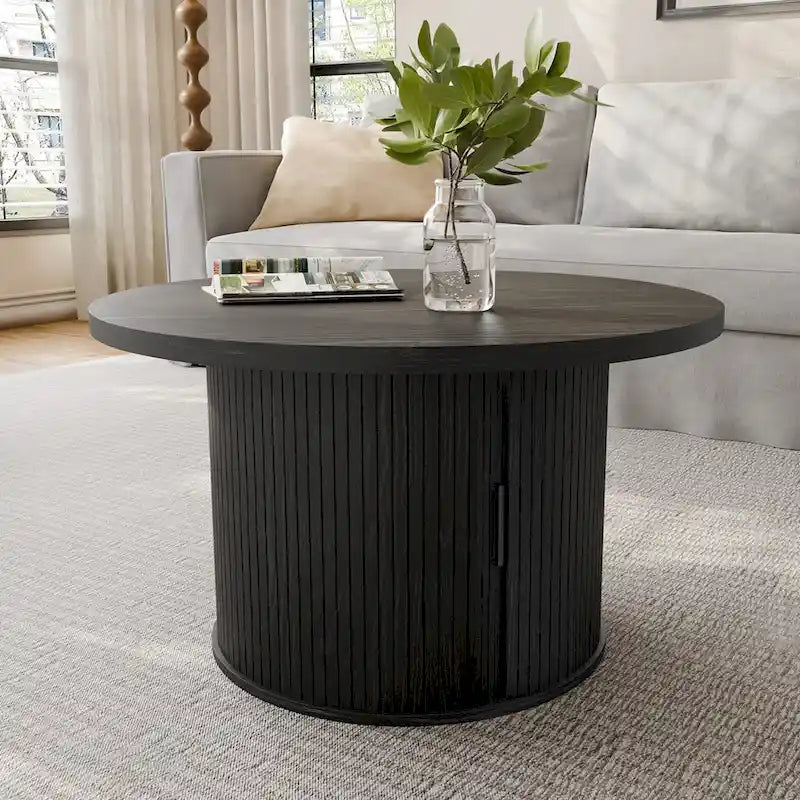 Table basse ronde avec porte tambour noire/marron et rangement caché – À l'unité ou par lot de 2