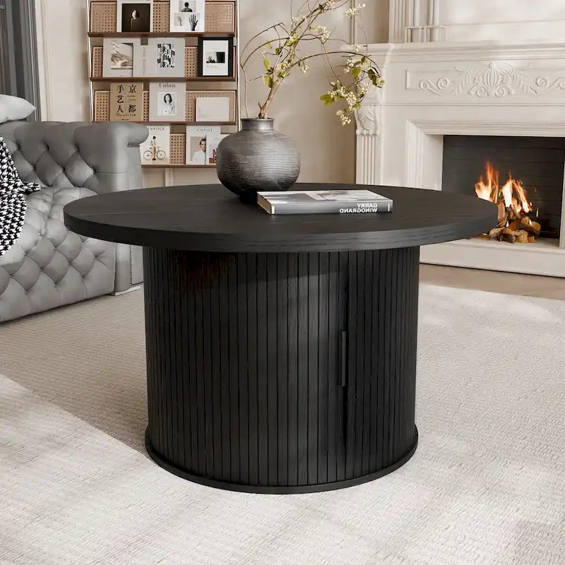Table basse ronde avec porte tambour noire/marron et rangement caché – À l'unité ou par lot de 2