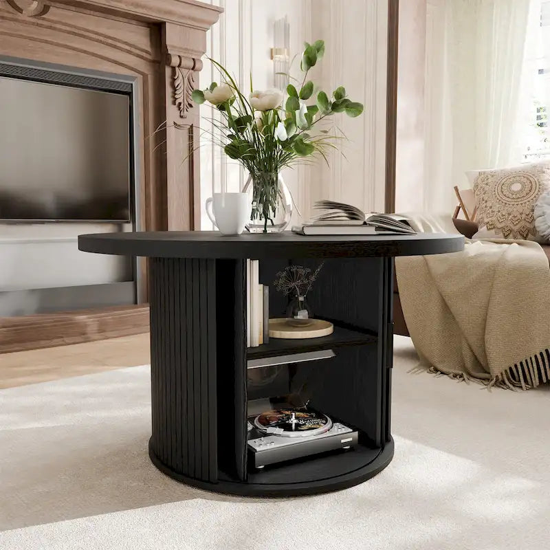 Table basse ronde avec porte tambour noire/marron et rangement caché – À l'unité ou par lot de 2