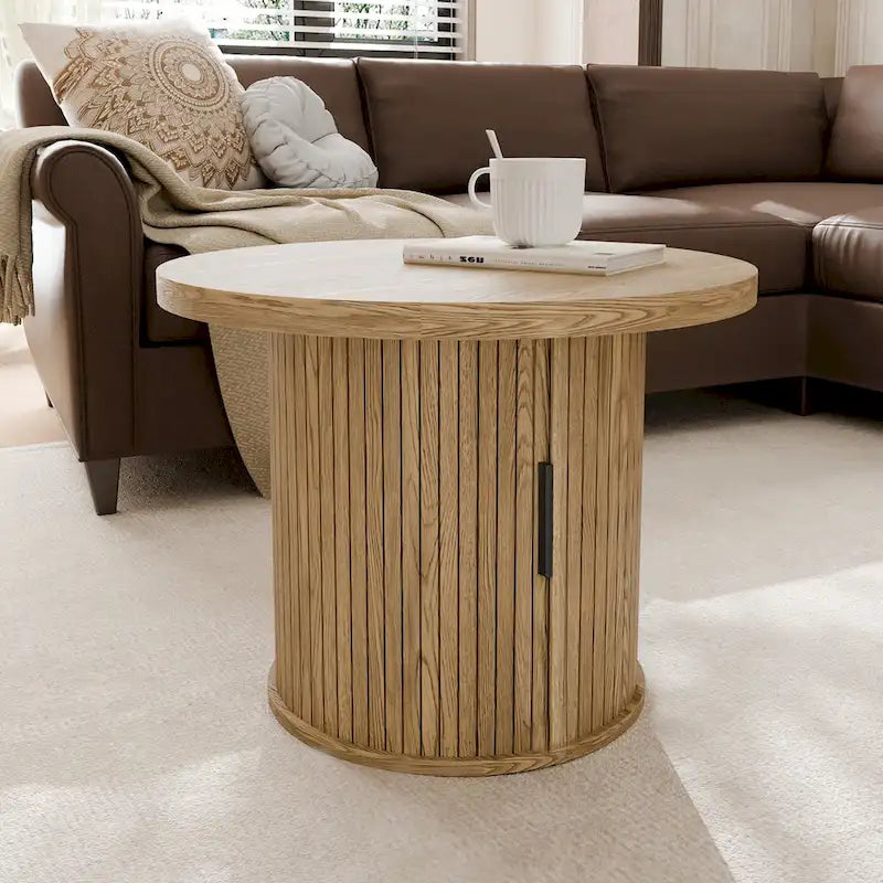 Table basse ronde avec porte tambour noire/marron et rangement caché – À l'unité ou par lot de 2