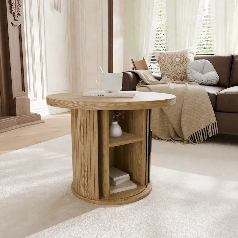 Table basse ronde avec porte tambour noire/marron et rangement caché – À l'unité ou par lot de 2