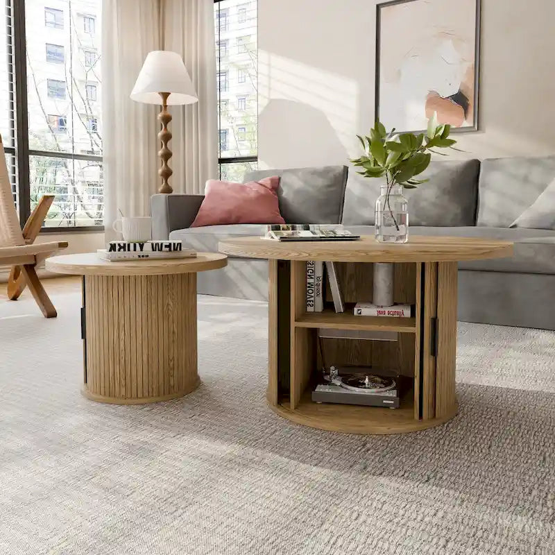 Table basse ronde avec porte tambour noire/marron et rangement caché – À l'unité ou par lot de 2