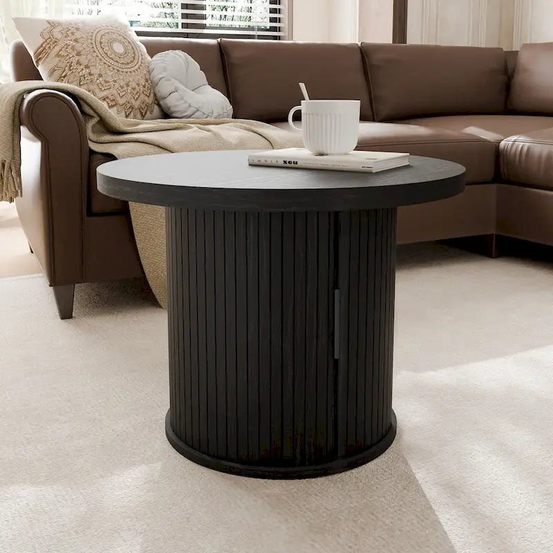 Table basse ronde avec porte tambour noire/marron et rangement caché – À l'unité ou par lot de 2