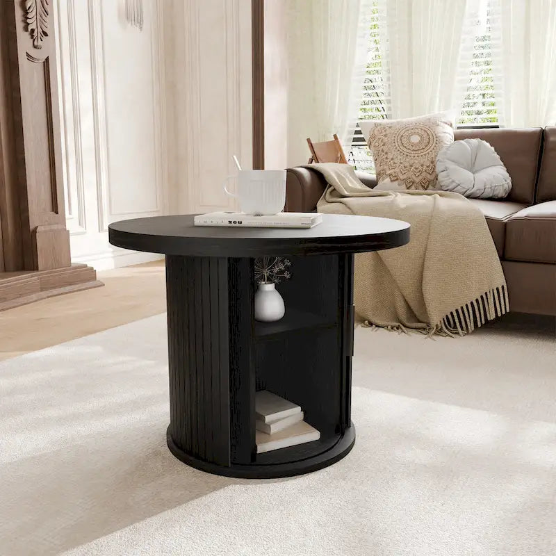 Table basse ronde avec porte tambour noire/marron et rangement caché – À l'unité ou par lot de 2
