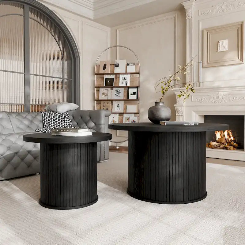 Table basse ronde avec porte tambour noire/marron et rangement caché – À l'unité ou par lot de 2
