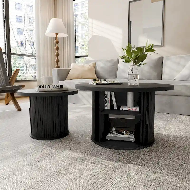 Table basse ronde avec porte tambour noire/marron et rangement caché – À l'unité ou par lot de 2