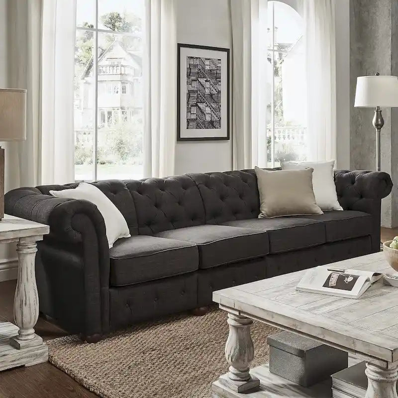 Canapé Chesterfield en Lin / Velours Gris Foncé – 4, 5 ou 6 Places