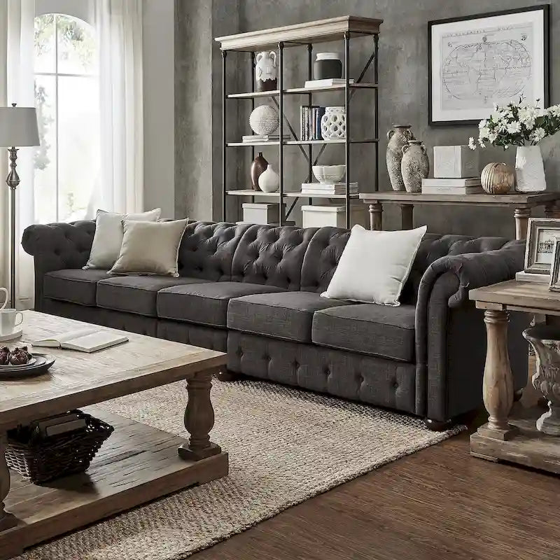 Canapé Chesterfield en Lin / Velours Gris Foncé – 4, 5 ou 6 Places