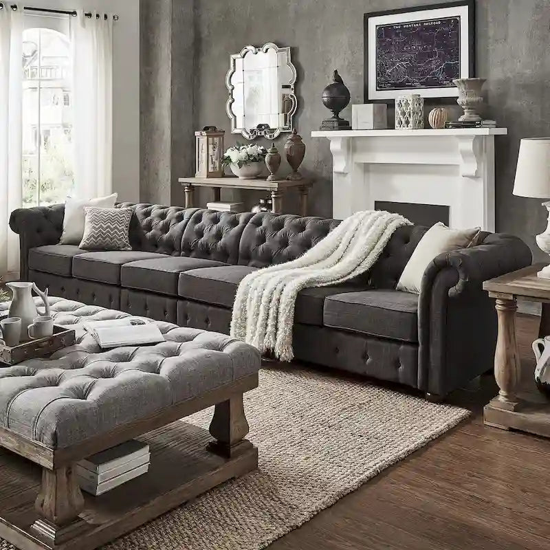 Canapé Chesterfield en Lin / Velours Gris Foncé – 4, 5 ou 6 Places