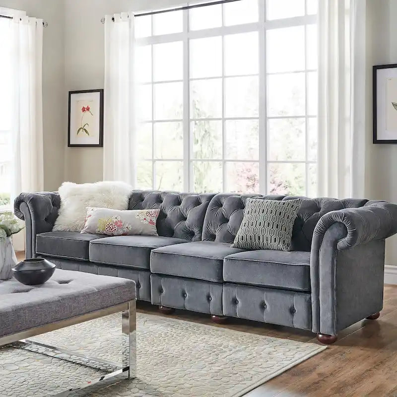 Canapé Chesterfield en Lin / Velours Gris Foncé – 4, 5 ou 6 Places