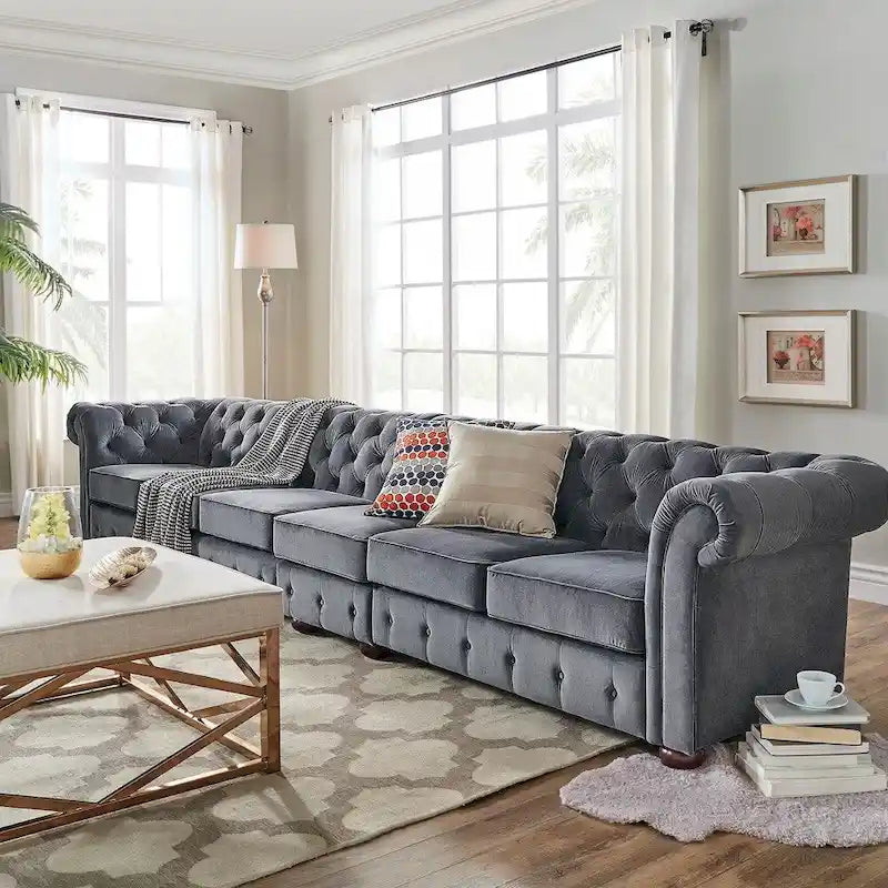 Canapé Chesterfield en Lin / Velours Gris Foncé – 4, 5 ou 6 Places