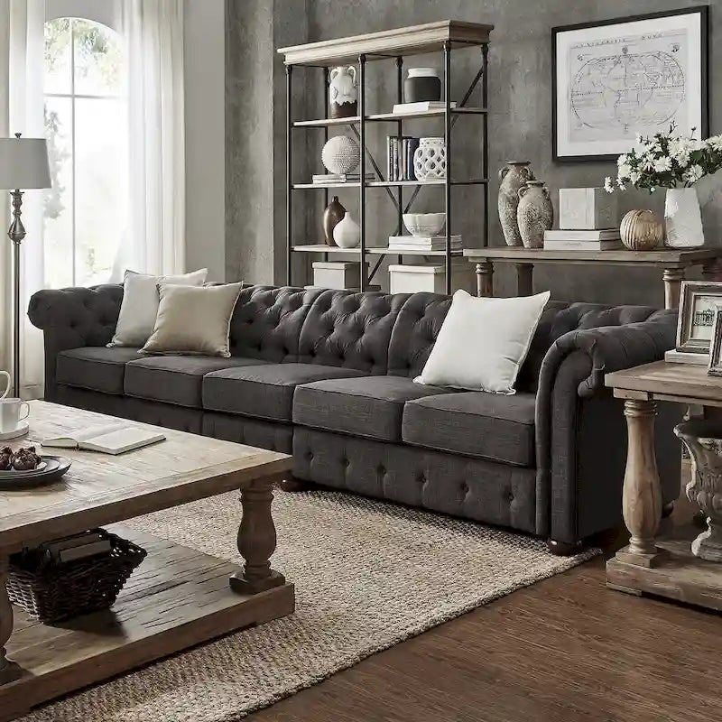 Canapé Chesterfield en Lin / Velours Gris Foncé – 4, 5 ou 6 Places
