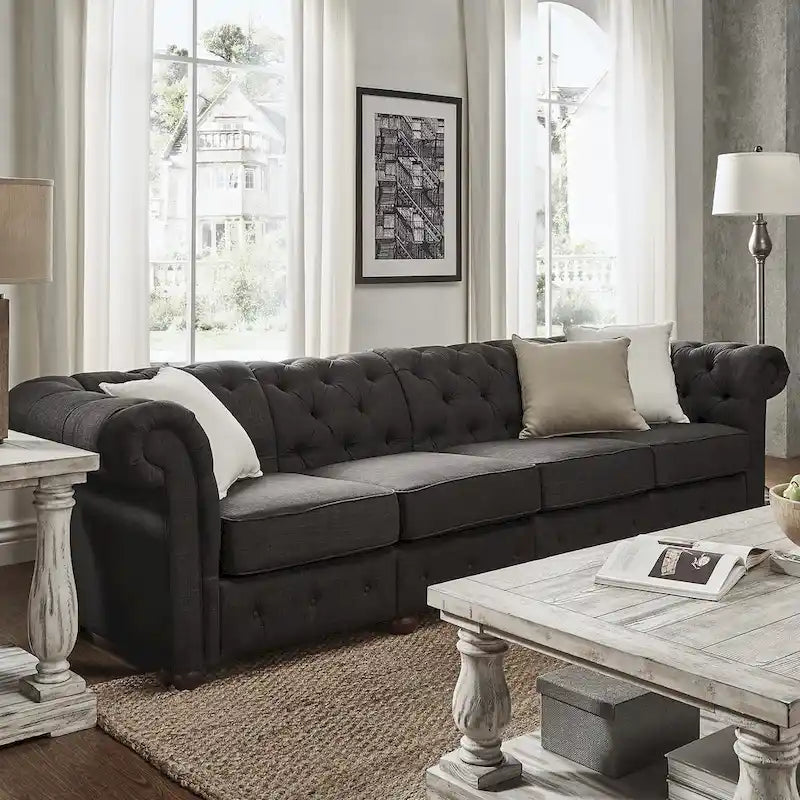 Canapé Chesterfield en Lin / Velours Gris Foncé – 4, 5 ou 6 Places