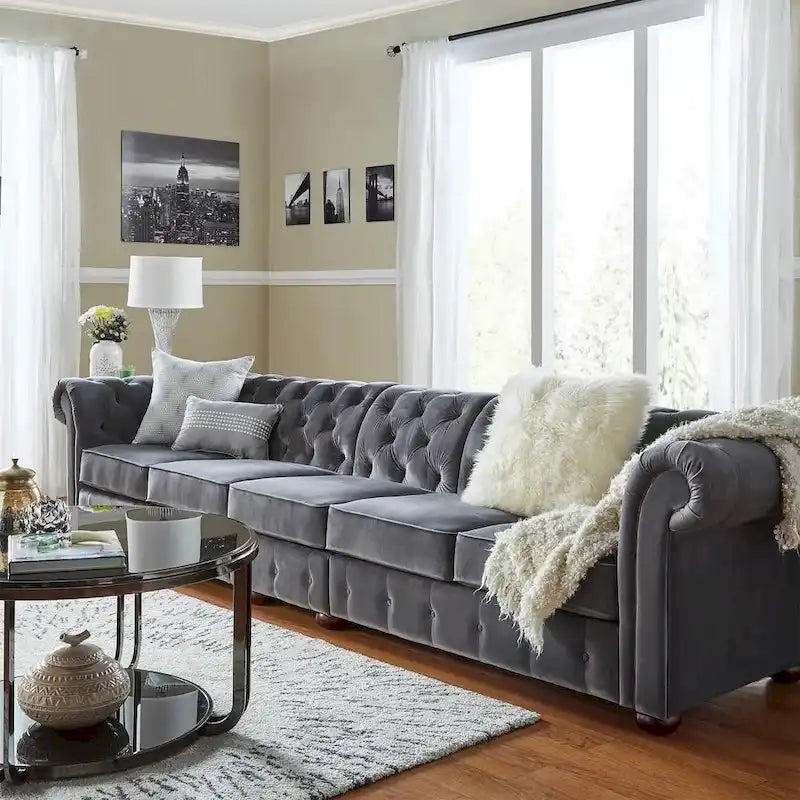 Canapé Chesterfield en Lin / Velours Gris Foncé – 4, 5 ou 6 Places