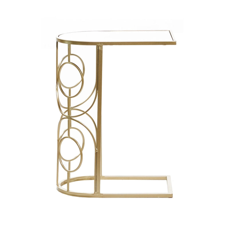 Table d'appoint géométrique dorée en forme de C avec plateau en verre miroir – 1 pièce